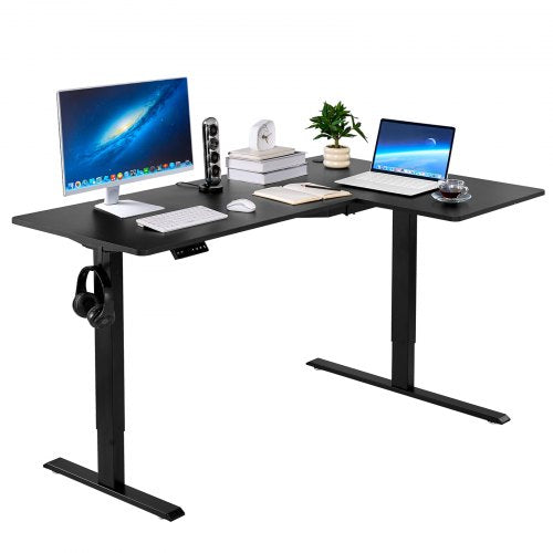 L Shaped Desk, Electric Adjustable Height Corner Gaming Desk with Dual Hooks, Heavy Duty Carbon Steel L-Shaped Computer Table with Power Strip for Home, Office, Dorm, Easy to Assemble, Black