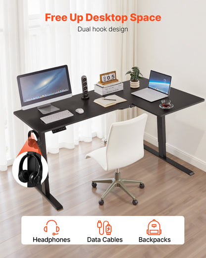 L Shaped Desk, Electric Adjustable Height Corner Gaming Desk with Dual Hooks, Heavy Duty Carbon Steel L-Shaped Computer Table with Power Strip for Home, Office, Dorm, Easy to Assemble, Black