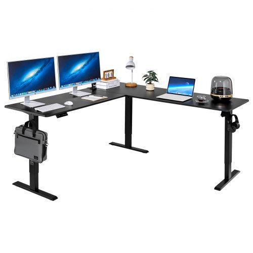L Shaped Desk, Electric Adjustable Height Corner Gaming Desk with Dual Hooks, Heavy Duty Carbon Steel L-Shaped Computer Table with Power Outlets for Home, Office, Study, Easy to Assemble, Black