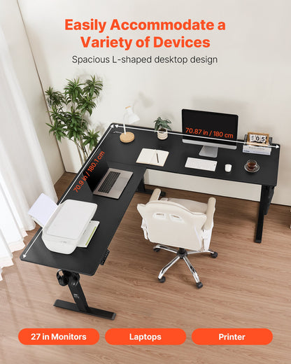 L Shaped Desk, Electric Adjustable Height Corner Gaming Desk with Dual Hooks, Heavy Duty Carbon Steel L-Shaped Computer Table with Power Outlets for Home, Office, Study, Easy to Assemble, Black