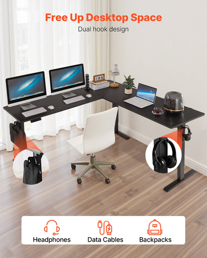 L Shaped Desk, Electric Adjustable Height Corner Gaming Desk with Dual Hooks, Heavy Duty Carbon Steel L-Shaped Computer Table with Power Outlets for Home, Office, Study, Easy to Assemble, Black