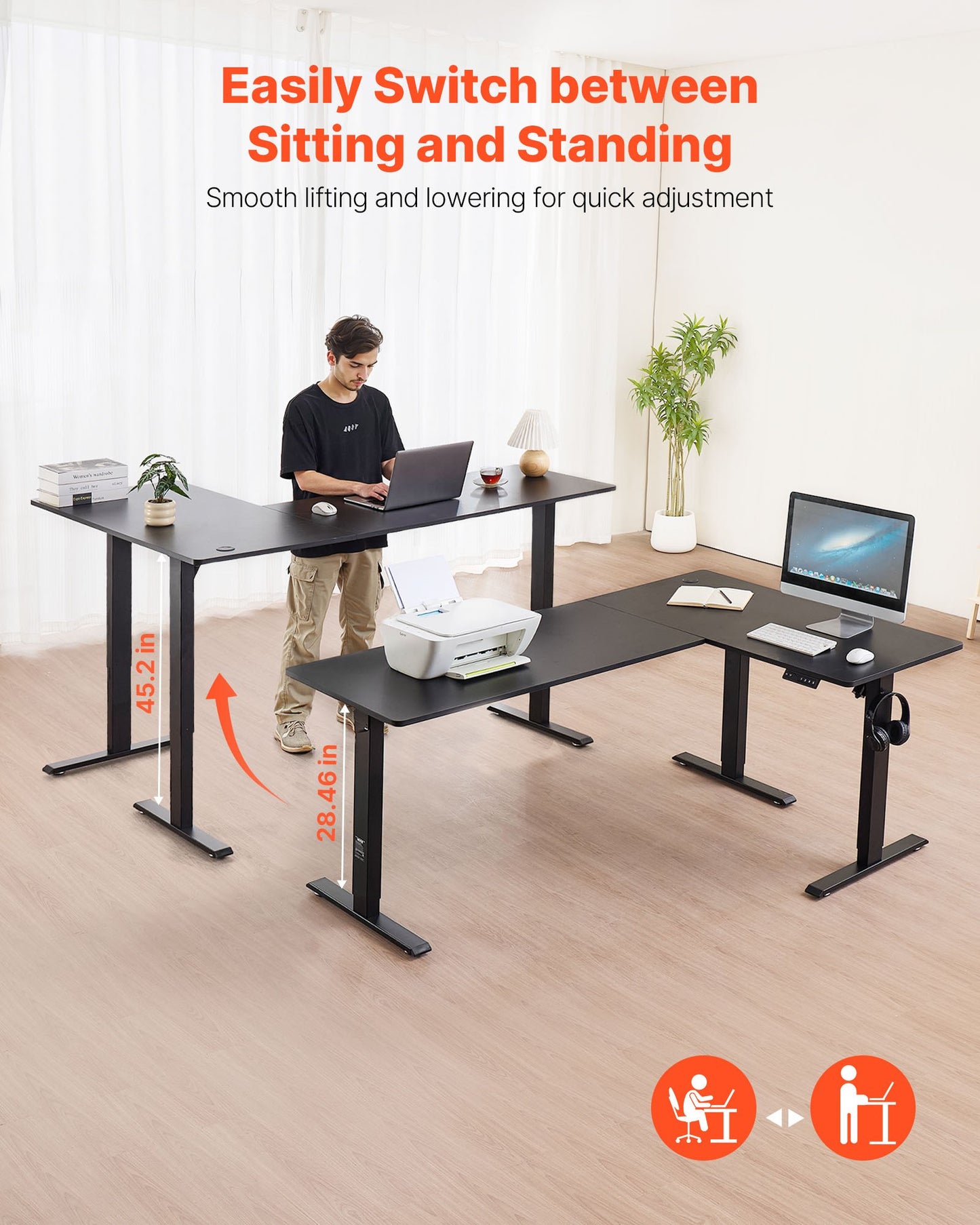 L Shaped Desk, Electric Adjustable Height Corner Gaming Desk with Dual Hooks, Heavy Duty Carbon Steel L-Shaped Computer Table with Power Outlets for Home and Office, Easy to Assemble, Black