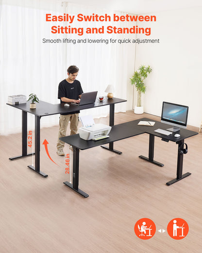 L Shaped Desk, Electric Adjustable Height Corner Gaming Desk with Dual Hooks, Heavy Duty Carbon Steel L-Shaped Computer Table with Power Outlets for Home and Office, Easy to Assemble, Black
