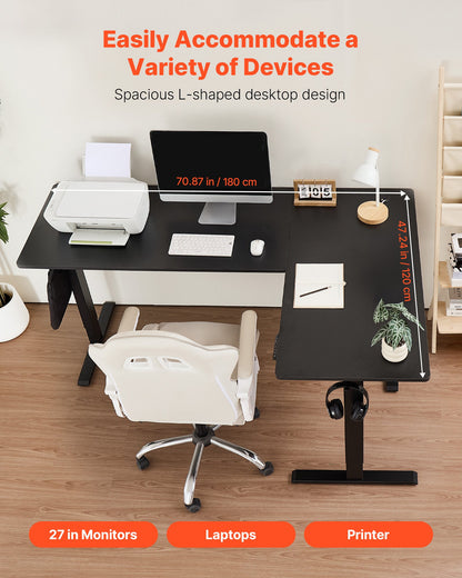 L Shaped Desk, Electric Adjustable Height Corner Gaming Desk with Dual Hooks, Heavy Duty Carbon Steel L-Shaped Computer Table with Power Outlets for Home and Office, Easy to Assemble, Black
