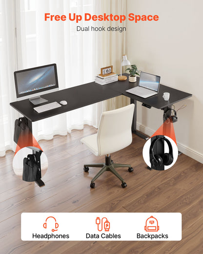 L Shaped Desk, Electric Adjustable Height Corner Gaming Desk with Dual Hooks, Heavy Duty Carbon Steel L-Shaped Computer Table with Power Outlets for Home and Office, Easy to Assemble, Black