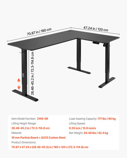 L Shaped Desk, Electric Adjustable Height Corner Gaming Desk with Dual Hooks, Heavy Duty Carbon Steel L-Shaped Computer Table with Power Outlets for Home and Office, Easy to Assemble, Black