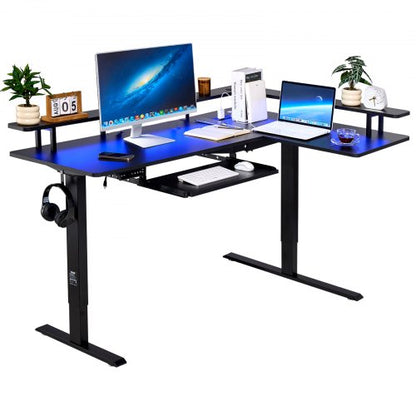 L Shaped Desk, Electric Adjustable Height Corner Gaming Desk with Keyboard Tray and Dual Hooks, Heavy Duty L-Shaped Computer Table with Light Strip for Home Office, Easy to Assemble, Black