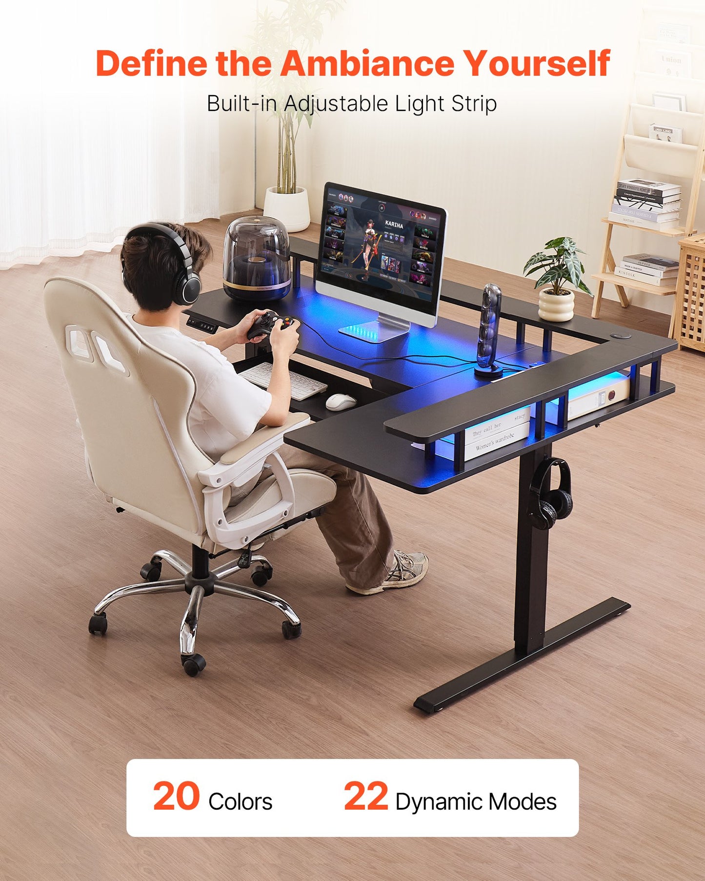 L Shaped Desk, Electric Adjustable Height Corner Gaming Desk with Keyboard Tray and Dual Hooks, Heavy Duty L-Shaped Computer Table with Light Strip for Home Office, Easy to Assemble, Black