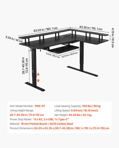 L Shaped Desk, Electric Adjustable Height Corner Gaming Desk with Keyboard Tray and Dual Hooks, Heavy Duty L-Shaped Computer Table with Light Strip for Home Office, Easy to Assemble, Black