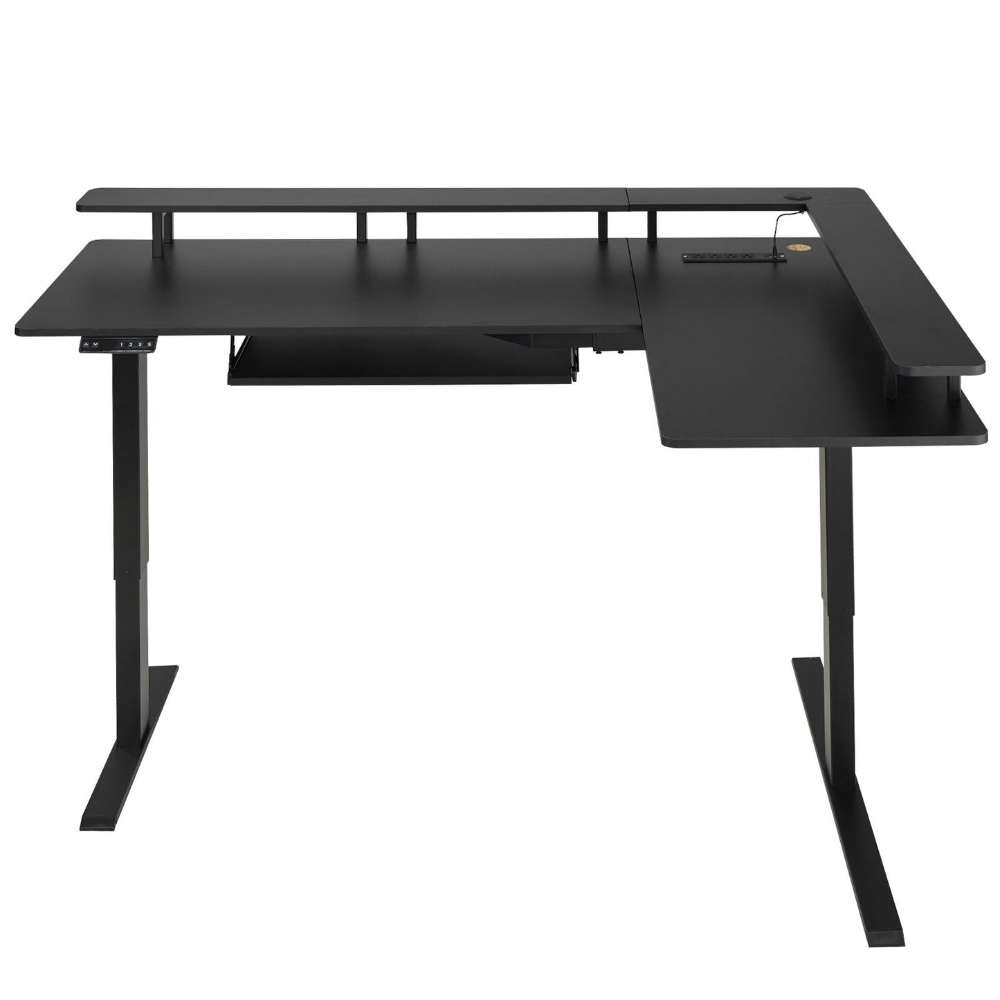 L Shaped Desk, Electric Adjustable Height Corner Gaming Desk with Keyboard Tray and Dual Hooks, Heavy Duty L-Shaped Computer Table with Light Strip for Home Office, Easy to Assemble, Black