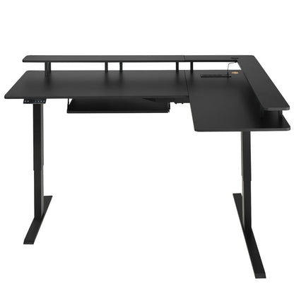 L Shaped Desk, Electric Adjustable Height Corner Gaming Desk with Keyboard Tray and Dual Hooks, Heavy Duty L-Shaped Computer Table with Light Strip for Home Office, Easy to Assemble, Black