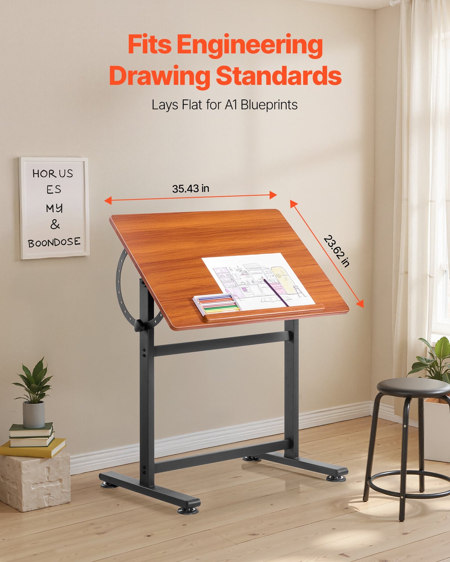 Drafting Table, Adjustable 0°–90° Tilt Drawing Desk, Portable Artist Table with Black H-Frame and Brown Desktop, Wooden Painting Desk Craft Workstation for Reading, Writing, Crafting, Meeting