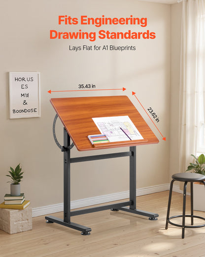 Drafting Table, Adjustable 0°–90° Tilt Drawing Desk, Portable Artist Table with Black H-Frame and Brown Desktop, Wooden Painting Desk Craft Workstation for Reading, Writing, Crafting, Meeting