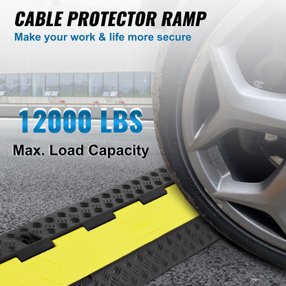 3-Pack Rubber Cable Protection Ramp, 2-Channel, 12,000 lbs/Axle Capacity Heavy Duty Hose Wire Cover Ramp Driveway, Traffic Speed Barrier with Folding Top Cover and 50 Feet Warning Tape, for Indoor and Outdoor