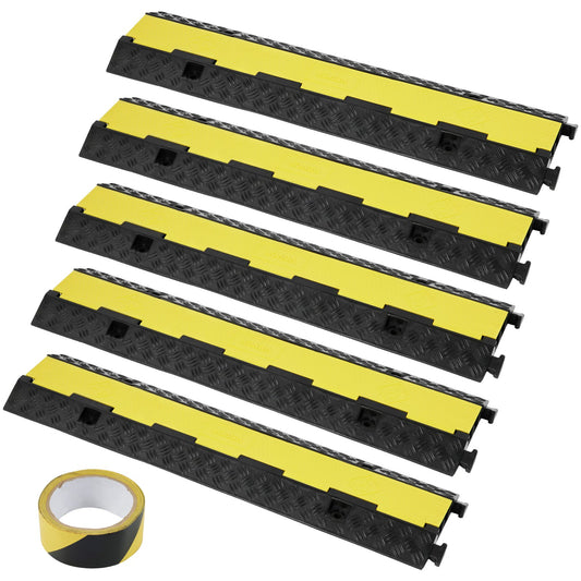 5 PCs Rubber Cable Protection Ramp, 2-Channel, 12,000 lbs/Axle Capacity Heavy Duty Hose Wire Protection Ramp Driveway, Traffic Speed Barrier with Flip-Open Top Cover and 50 Feet Warning Tape, for Indoor and Outdoor
