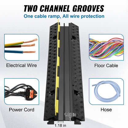 5-Piece Rubber Cable Guard, Dual Channel, 12000 lbs per Axle Load Capacity, Durable Hose & Wire Protection Ramp for Driveways, with Easy Access Top & 50 ft Caution Tape for Both Indoor & Outd