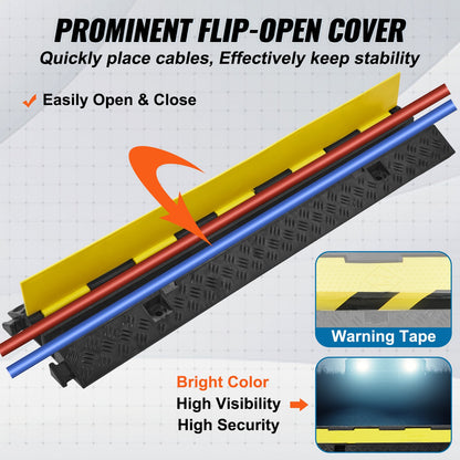 5-Piece Rubber Cable Guard, Dual Channel, 12000 lbs per Axle Load Capacity, Durable Hose & Wire Protection Ramp for Driveways, with Easy Access Top & 50 ft Caution Tape for Both Indoor & Outd