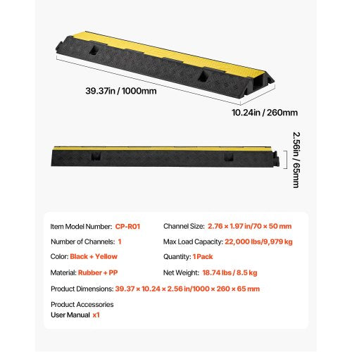 Kabelskyddsramp, 9 979 kg/axelkapacitet, 1 kanals kraftig gummisnöre, slangskydd, 70 x 50 mm kanal, trafikhinder med öppningsbart toppskydd, för inomhusbruk och utomhusbruk, 1-pack |  EU
