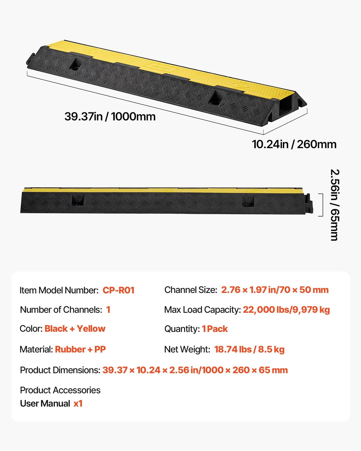 Cable Protector Ramp, 22,000 lbs/axle Capacity, 1 Channel Heavy Duty Rubber Cord Hose Wire Cover, 2.76 x 1.97 in Channel, Traffic Speed Bump with Flip-Open Top Cover, for Indoor Outdoor, 1 Pack