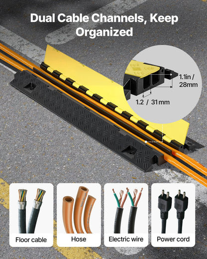Cable Protector Ramp, 22,000 lbs/axle Capacity, 2 Channel Heavy Duty TPU Cord Hose Wire Cover, 1.2 x 1.1 in Channel, Traffic Speed Bump with Flip-Open Top Cover, for Indoor Outdoor Use, 3 Pack