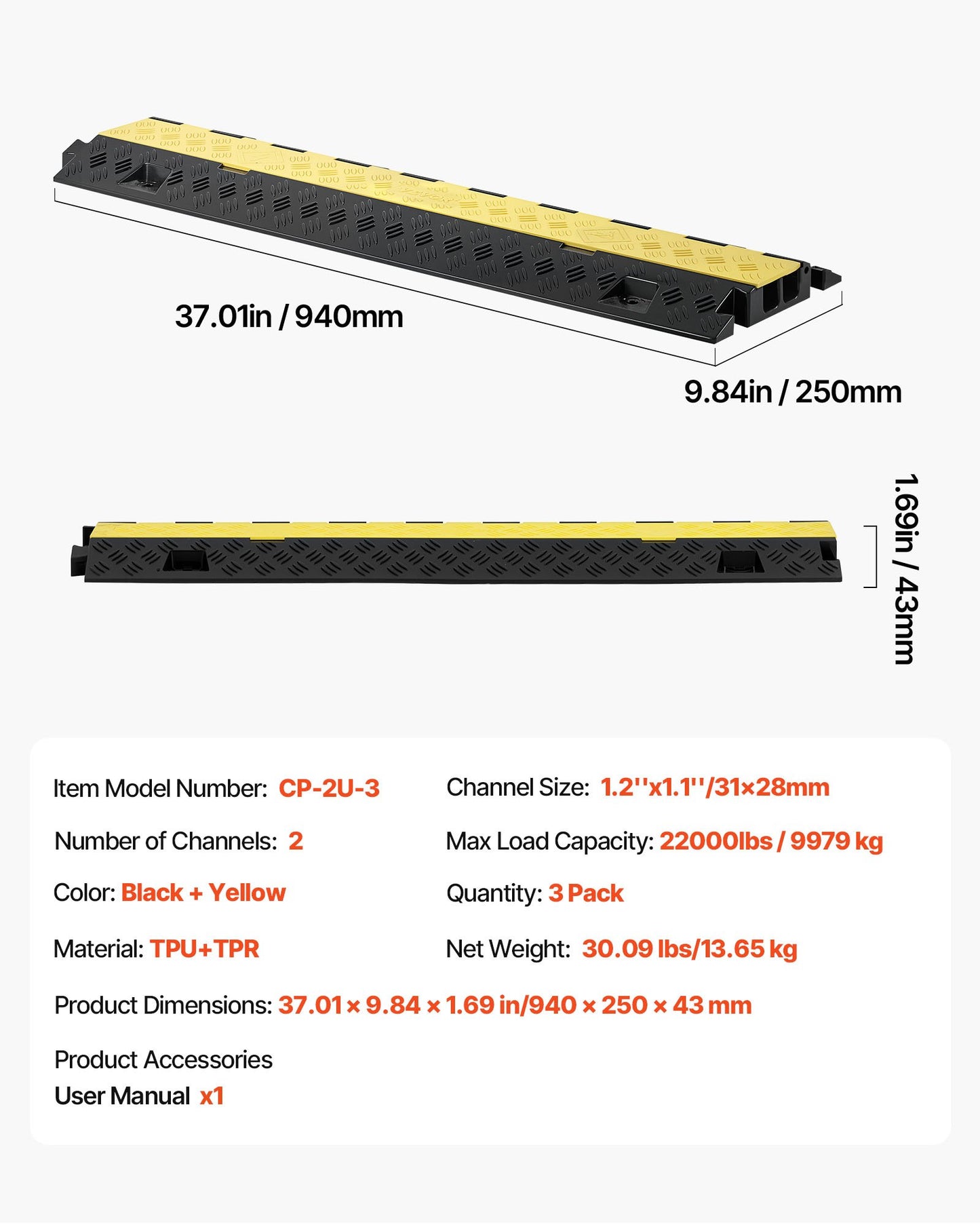 Cable Protector Ramp, 22,000 lbs/axle Capacity, 2 Channel Heavy Duty TPU Cord Hose Wire Cover, 1.2 x 1.1 in Channel, Traffic Speed Bump with Flip-Open Top Cover, for Indoor Outdoor Use, 3 Pack