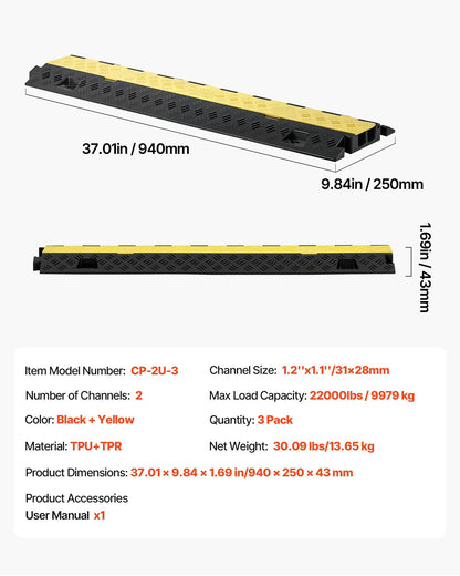 Cable Protector Ramp, 22,000 lbs/axle Capacity, 2 Channel Heavy Duty TPU Cord Hose Wire Cover, 1.2 x 1.1 in Channel, Traffic Speed Bump with Flip-Open Top Cover, for Indoor Outdoor Use, 3 Pack