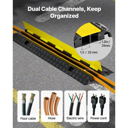 Kabelskyddsramp, 9 979 kg/axelkapacitet, 2-kanals kraftig gummisnöre, slangskydd, 32 x 31 mm kanal, hastighetshinder med öppningsbart toppskydd, för inomhusbruk och utomhusbruk, 1-pack |  EU