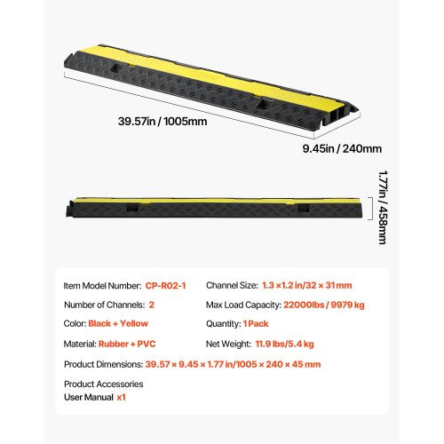 Kabelskyddsramp, 9 979 kg/axelkapacitet, 2-kanals kraftig gummisnöre, slangskydd, 32 x 31 mm kanal, hastighetshinder med öppningsbart toppskydd, för inomhusbruk och utomhusbruk, 1-pack |  EU