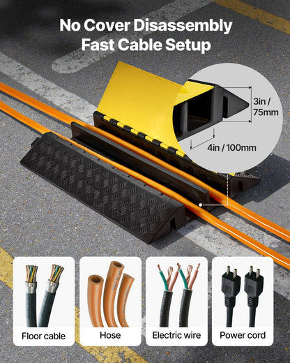 Cable Protector Ramp, 22,000 lbs/axle Capacity, 2 Channel Heavy Duty Rubber Cord Hose Wire Cover, 4 x 3 in Channel, Traffic Speed Bump with Flip-Open Top Cover, for Indoor Outdoor Use, 1 Pack