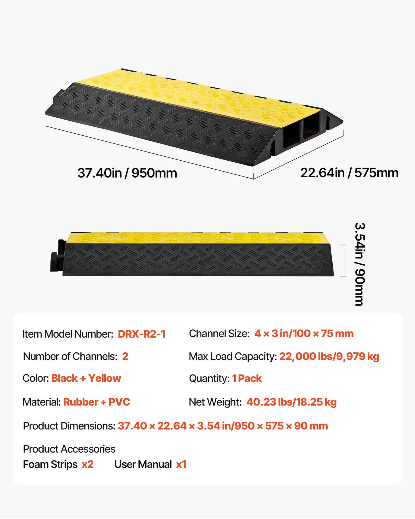 Cable Protector Ramp, 22,000 lbs/axle Capacity, 2 Channel Heavy Duty Rubber Cord Hose Wire Cover, 4 x 3 in Channel, Traffic Speed Bump with Flip-Open Top Cover, for Indoor Outdoor Use, 1 Pack