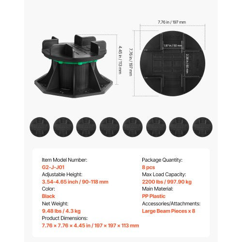 8 pcs adjustable deck supports pedestal deck foundation base 9.6-11.2 cm