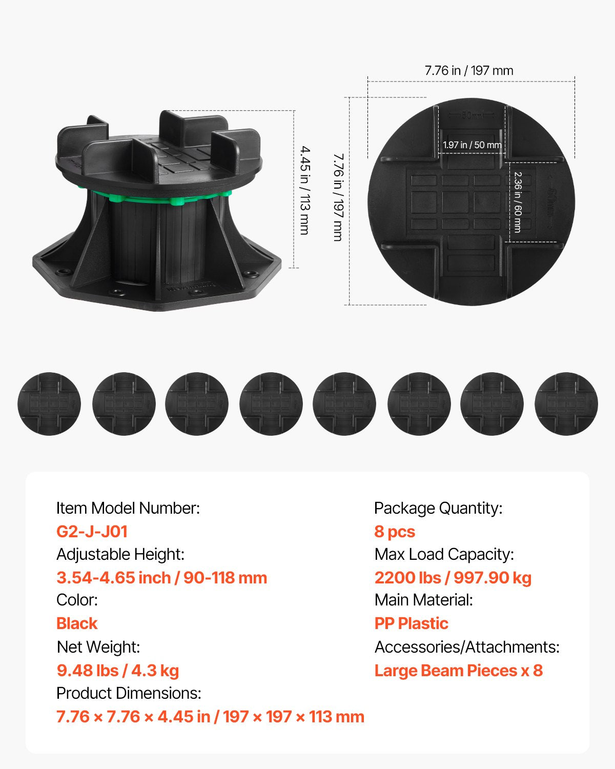Deck Blocks 8 PCS, 2200 lbs / 997.90 kg Load Capacity Deck Support Plastic Pedestal Paver, Raising 3.54 - 4.65 inch / 90 - 118 mm, Height Adjustable Shed Foundation Base for Wood Concrete Metal