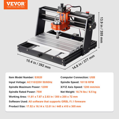 CNC Milling Machine, 300x200x72mm Work Area, 120W Engraving Machine, 3-Axis GRBL Control Wood Engraving Carving Milling Machine Kit 1200RPM with Offline Control for Wood, Acrylic, MDF, PVC, Plastic Foam