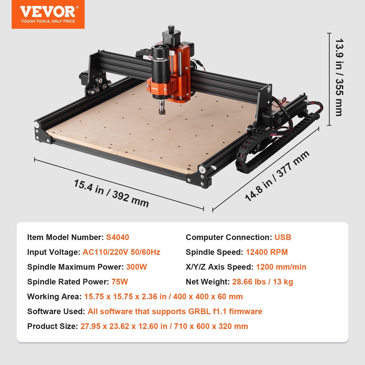 CNC Milling Machine, 400x400x60mm Work Area, 300W Engraving Machine, 3-Axis GRBL Control Wood Engraving Carving Milling Machine Kit 1200RPM with Offline Control for Wood, Acrylic, MDF, PVC, Plastic Foam