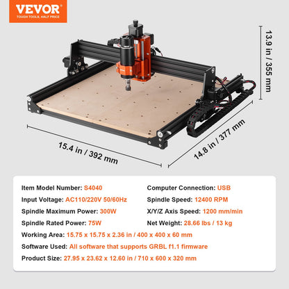 CNC Milling Machine, 400x400x60mm Work Area, 300W Engraving Machine, 3-Axis GRBL Control Wood Engraving Carving Milling Machine Kit 1200RPM with Offline Control for Wood, Acrylic, MDF, PVC, Plastic Foam