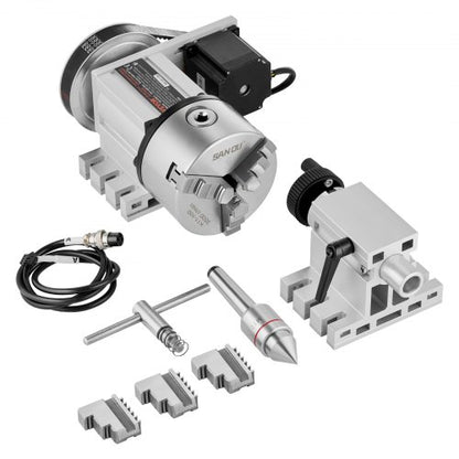 Dividing Head, K11-100mm 3-Jaw Chuck, CNC Router Milling Machine Rotational Axis 4th Axis A Axis Indexing Head, 2.6"/65 mm Center Height MT2 Tailstock 6:1 Gear Ratio, Universal for Engraving