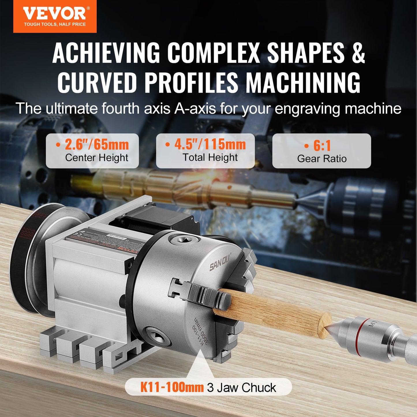 Dividing Head, K11-100mm 3-Jaw Chuck, CNC Router Milling Machine Rotational Axis 4th Axis A Axis Indexing Head, 2.6"/65 mm Center Height MT2 Tailstock 6:1 Gear Ratio, Universal for Engraving