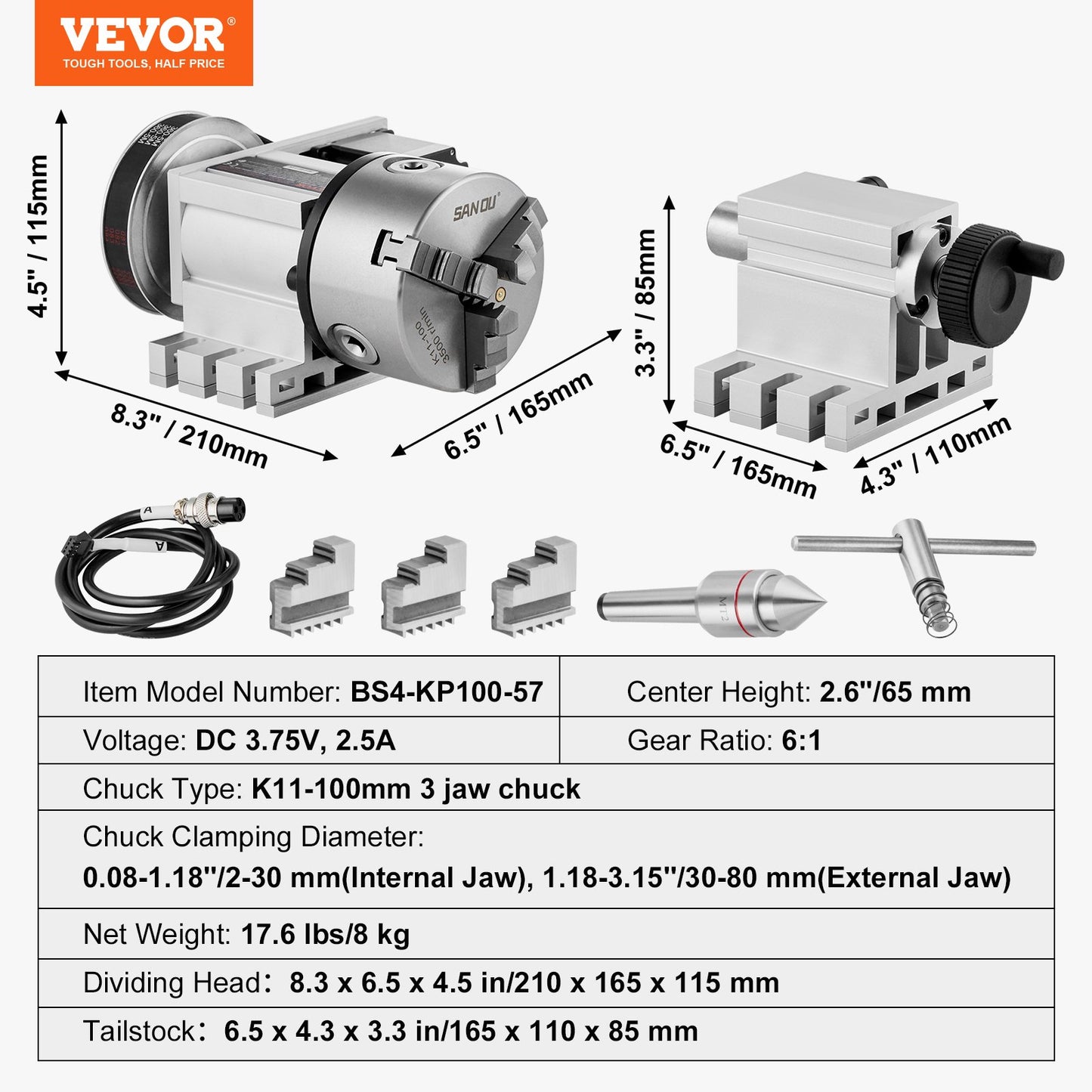 Dividing Head, K11-100mm 3-Jaw Chuck, CNC Router Milling Machine Rotational Axis 4th Axis A Axis Indexing Head, 2.6"/65 mm Center Height MT2 Tailstock 6:1 Gear Ratio, Universal for Engraving