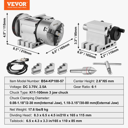 Dividing Head, K11-100mm 3-Jaw Chuck, CNC Router Milling Machine Rotational Axis 4th Axis A Axis Indexing Head, 2.6"/65 mm Center Height MT2 Tailstock 6:1 Gear Ratio, Universal for Engraving