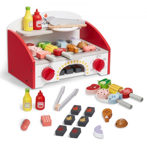 Kids BBQ Grill Playset, Wooden Grill Playset With Realistic Carbon Fire, Wooden Play Food Kitchen Accessory (26 PCS), Indoor/Outdoor Interactive Pretend Play Toys for Boys Girls Ages 3+ Gift