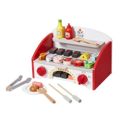 26 PCS Kinder BBQ Grill Spielset Holz Kochen Grill Spielzeug Set Pretend Sound