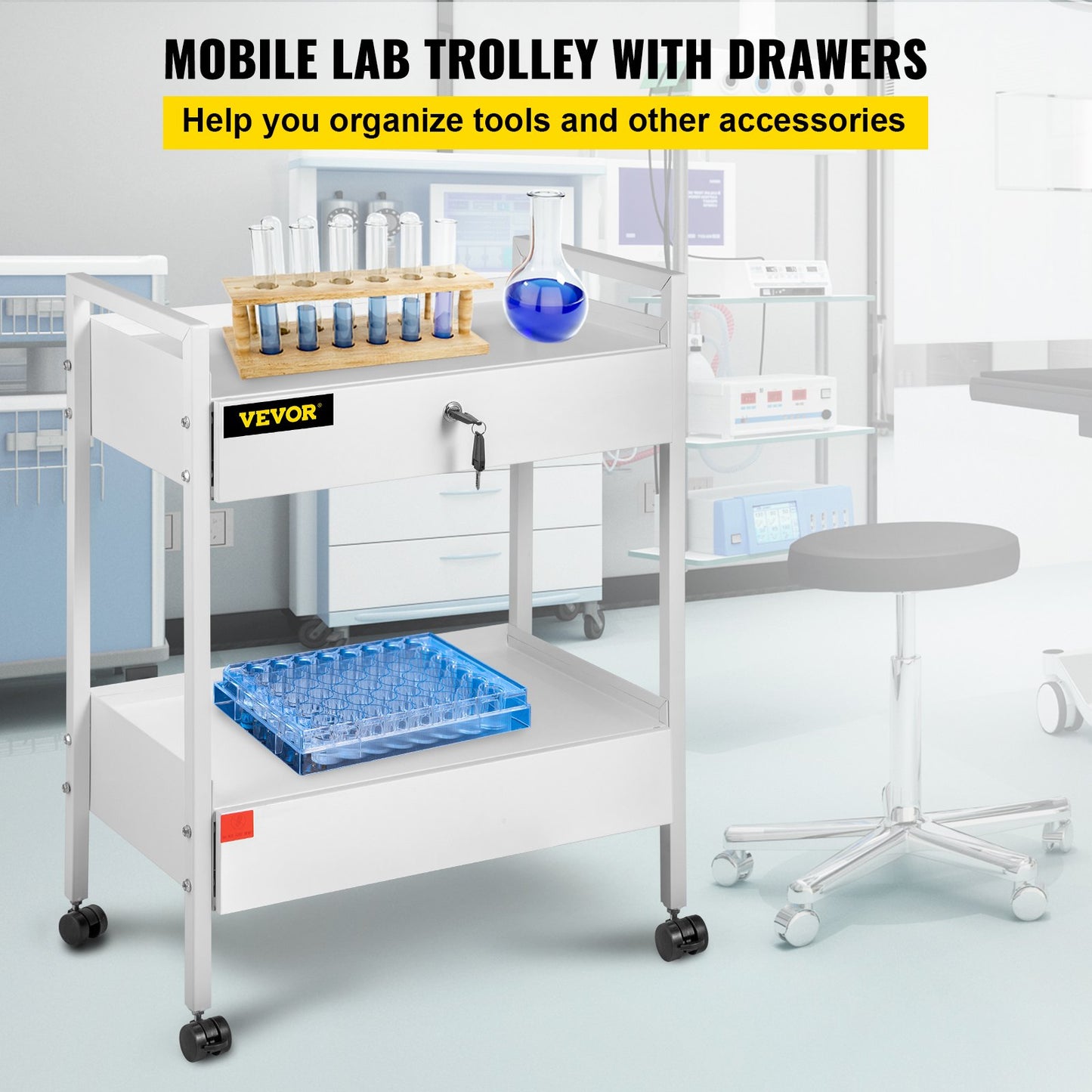 Lab Cart, 2 Tier Stainless Steel Utility Cart Medical Cart 2 Drawers Rolling Lab Cart White Color Serving Cart with 360° Wheels for Laboratory Hospital Dental Salon Beauty