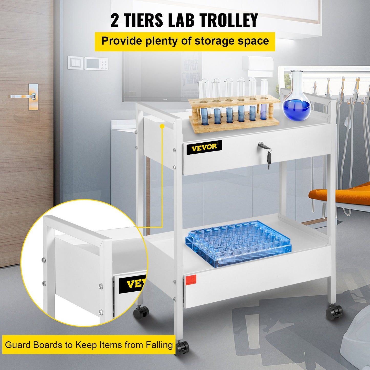 Lab Cart, 2 Tier Stainless Steel Utility Cart Medical Cart 2 Drawers Rolling Lab Cart White Color Serving Cart with 360° Wheels for Laboratory Hospital Dental Salon Beauty