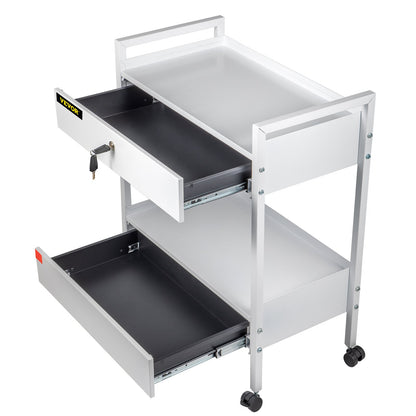 Lab Cart, 2 Tier Stainless Steel Utility Cart Medical Cart 2 Drawers Rolling Lab Cart White Color Serving Cart with 360° Wheels for Laboratory Hospital Dental Salon Beauty