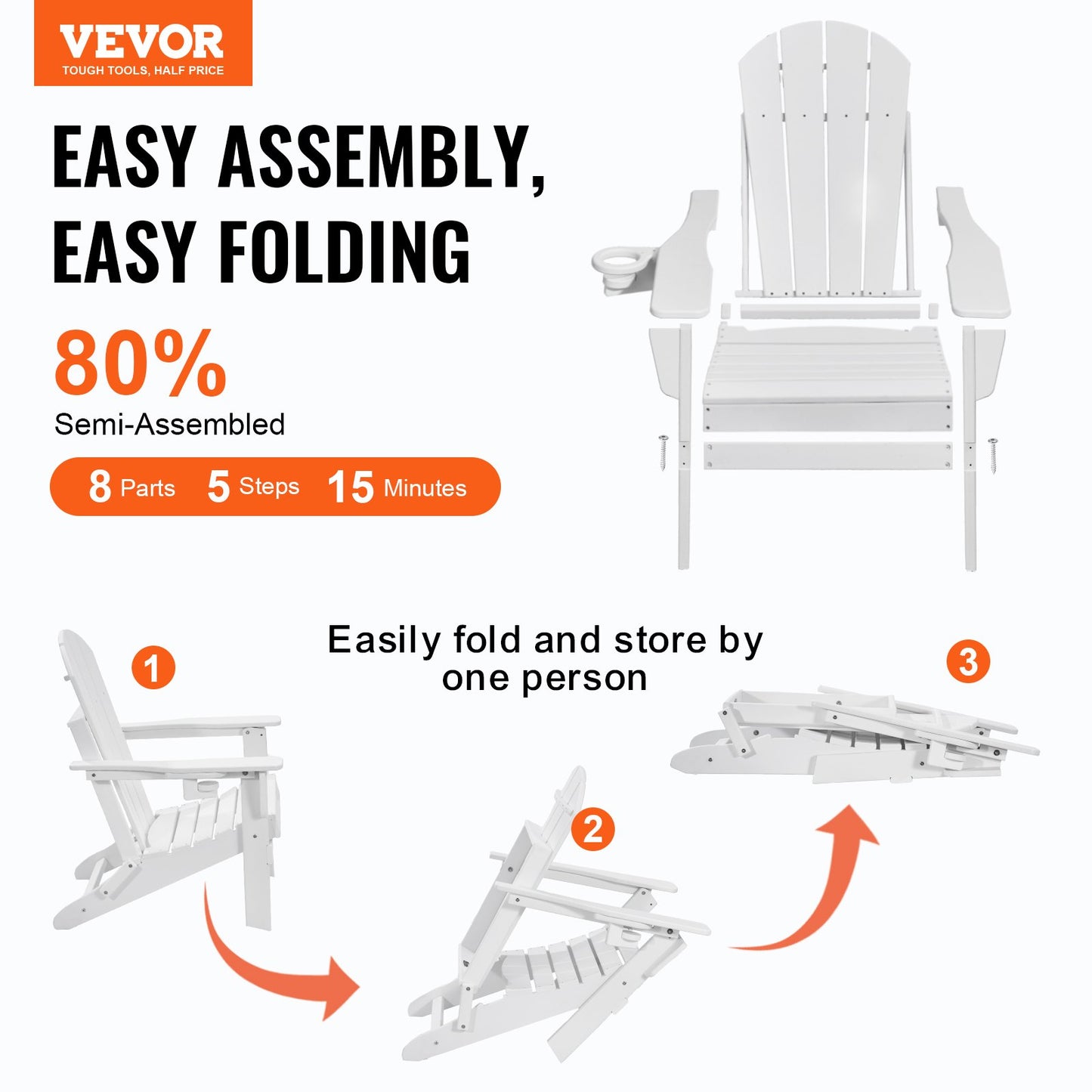 Adirondack Stol Plast Set med 2 All Weather Folding Fire Pit White