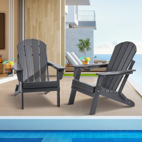 Adirondack Chair Plastic, Set of 2 All-Weather Portable Folding Fire Pit Chair, Outdoor Adirondack Patio Chair with Cup Holder, with Relaxing Arm Rest Ergonomic, for Garden, Backyard - Gray