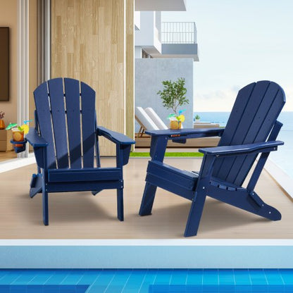 Adirondack Chair Plastic, Set of 2 All-Weather Portable Folding Fire Pit Chair, Outdoor Adirondack Patio Chair with Cup Holder, with Relaxing Arm Rest Ergonomic, for Garden, Backyard Navy Blue