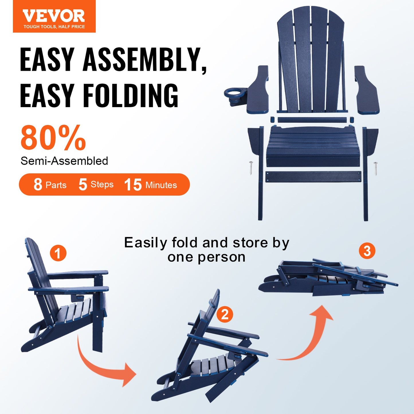 Adirondack Stol Plast Set med 2 All Weather Folding Fire Pit Marinblå