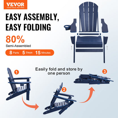 Adirondack Stol Plast Set med 2 All Weather Folding Fire Pit Marinblå