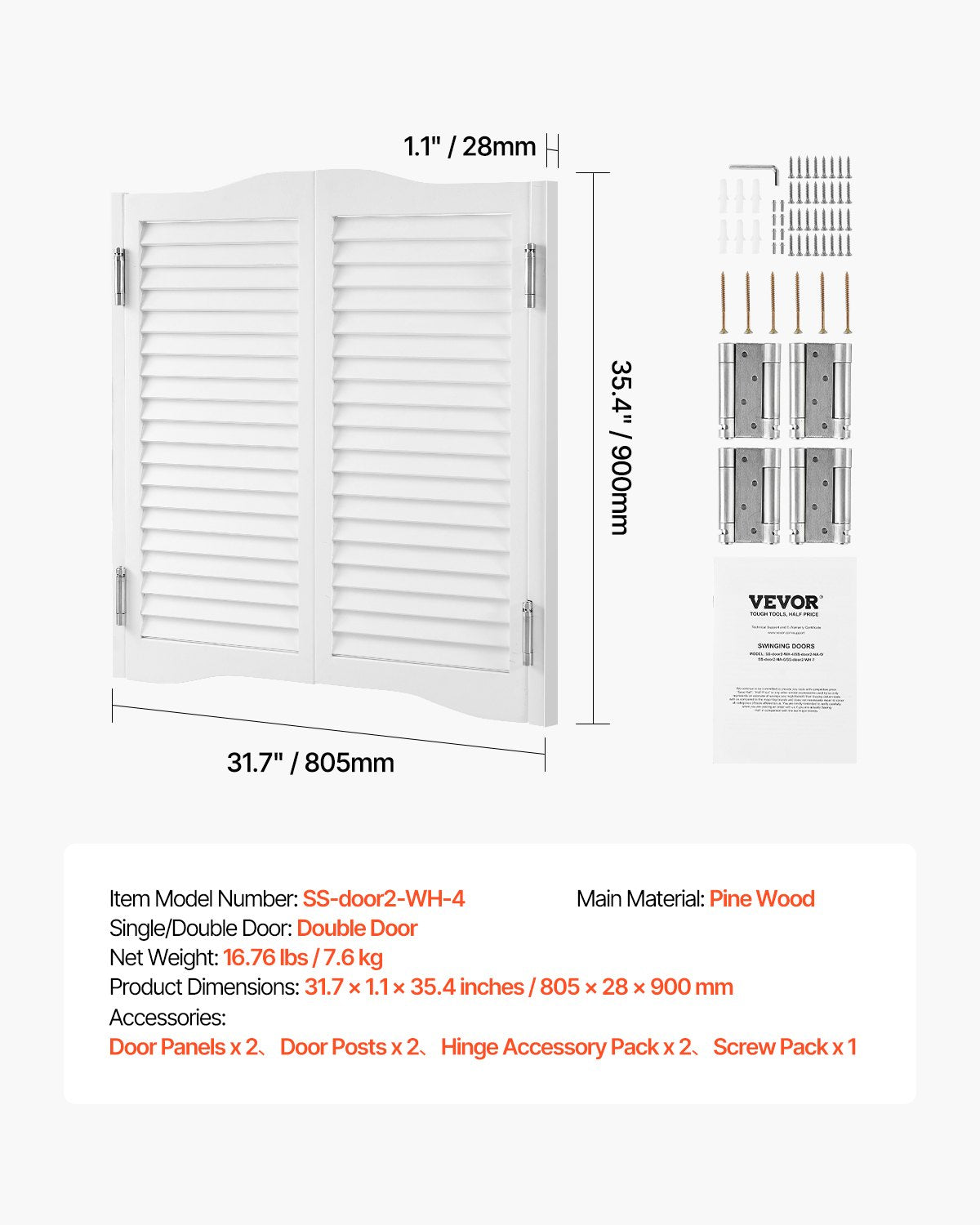 Double Saloon Doors, 32"W x 36" H Arched Top Interior Swinging Cafe Doors, Premium Pine Wood, with Hinges & Hardware Kit, Easy to Install, for Hallway Kitchen Bar Pub Entrance, White